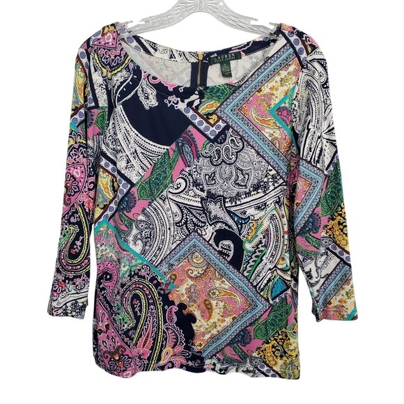 LRL Ralph Lauren Size XL Top Multicolor Paisley Floral Patchwork Print Back Zip - Picture 2 of 8